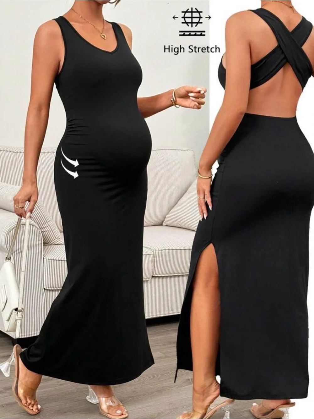 SHEIN Maternity Black Round Neck Side Slit Hem Criss Cross Tank Top Maxi Dress